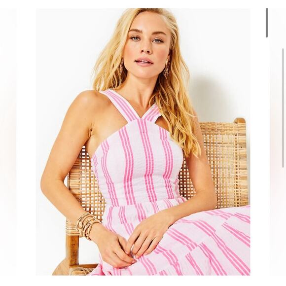 Lilly Pulitzer Jenette Halter Maxi Havana Pink Sails & Stripes Seersucker 00 NWT - Picture 4 of 12